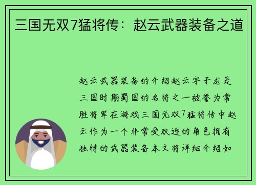 三国无双7猛将传：赵云武器装备之道